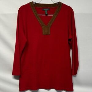 Lauren Ralph Lauren Red Faux Suede Trim V-Neck Top Blouse Size XL